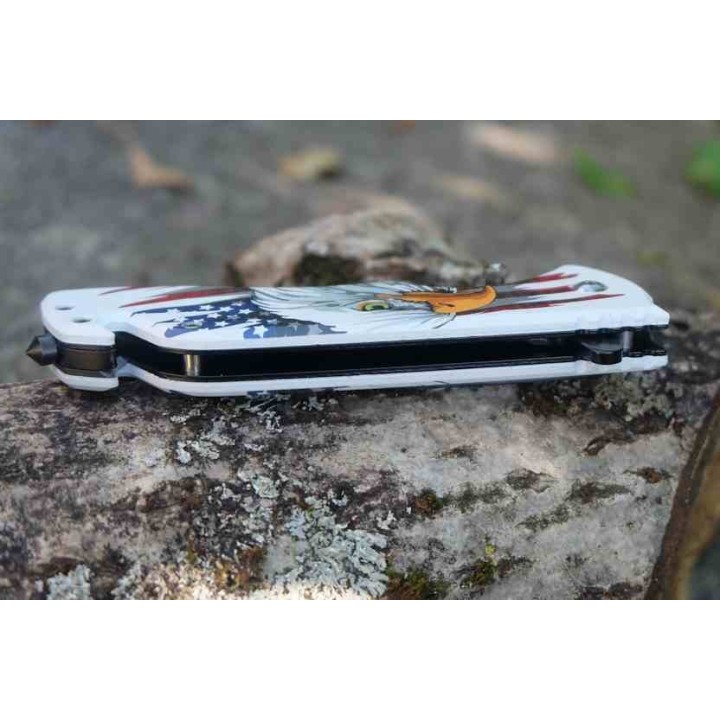 Lot de 3 Couteau Semi Automatique Rescue Lame Acier 3Cr13 Manche Aigle Drapeau Fonctions Secours CN300601EG - Livraison Gratuite