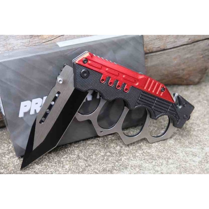 Lot de 3 Couteau de Black Bloc Poing Américain Semi Auto Lame Tanto Manche Brise Vitres Cutter CN300459RD - Livraison Gratuite