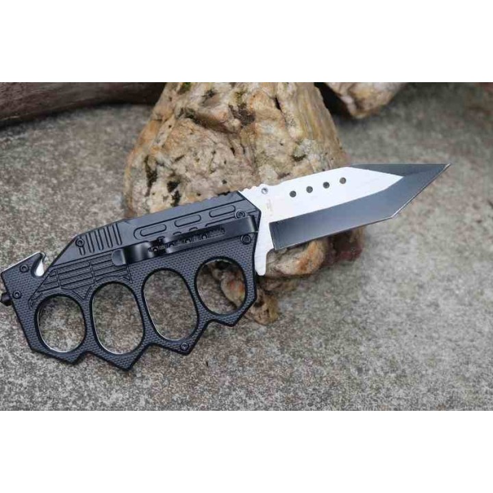 Lot de 3 Couteau de Black Bloc Poing Américain Semi Auto Lame Tanto Manche Brise Vitres Cutter CN300459RD - Livraison Gratuite
