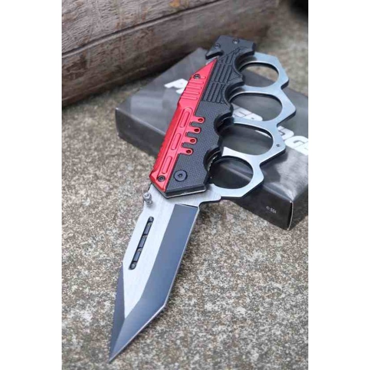 Lot de 3 Couteau de Black Bloc Poing Américain Semi Auto Lame Tanto Manche Brise Vitres Cutter CN300459RD - Livraison Gratuite