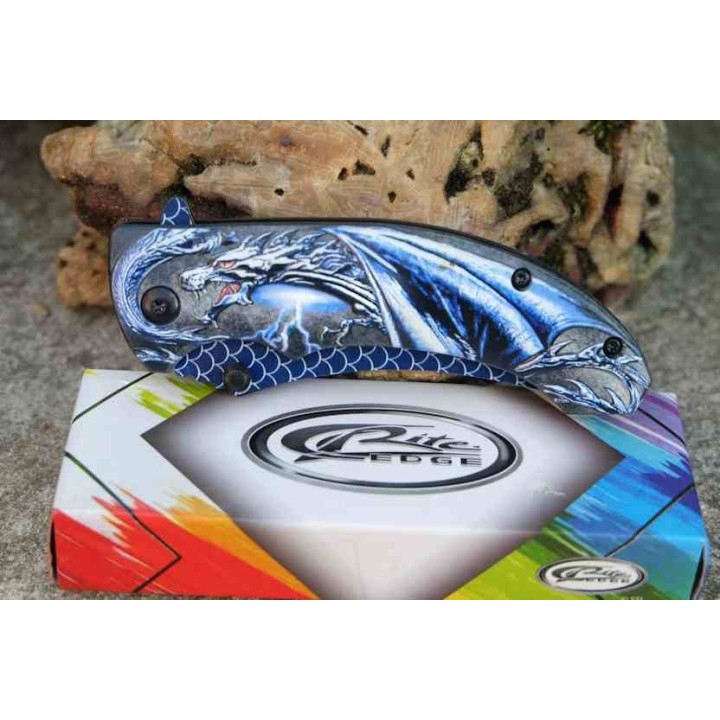 Lot de 3 Couteau Semi AUto Dragon Bleu Lame Recurve Inox Manche ABS Noir Linerlock Clip CN300551BL - Livraison Gratuite