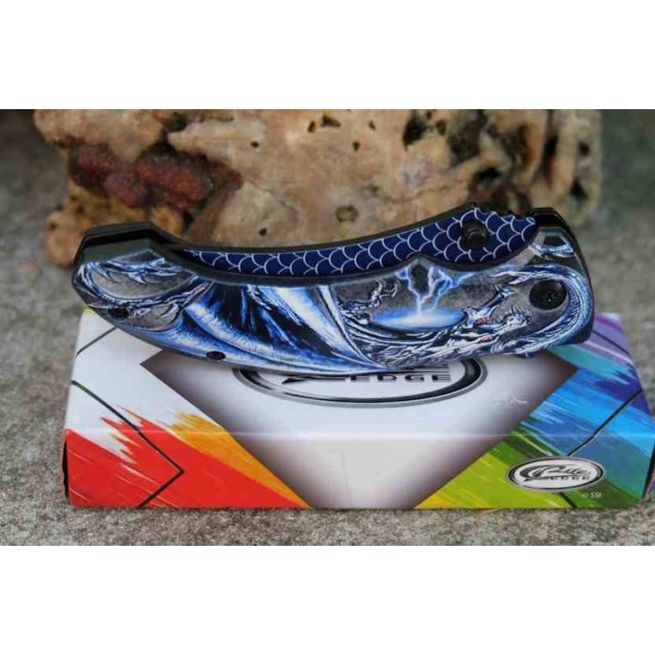 Lot de 3 Couteau Semi AUto Dragon Bleu Lame Recurve Inox Manche ABS Noir Linerlock Clip CN300551BL - Livraison Gratuite