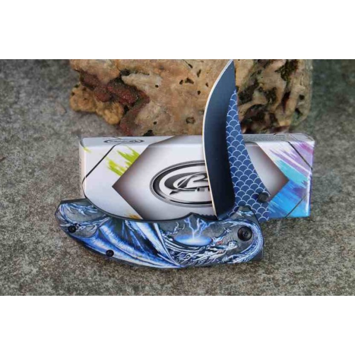 Lot de 3 Couteau Semi AUto Dragon Bleu Lame Recurve Inox Manche ABS Noir Linerlock Clip CN300551BL - Livraison Gratuite