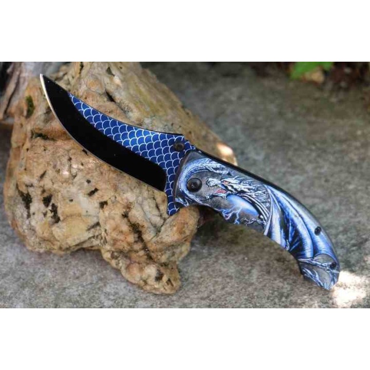 Lot de 3 Couteau Semi AUto Dragon Bleu Lame Recurve Inox Manche ABS Noir Linerlock Clip CN300551BL - Livraison Gratuite