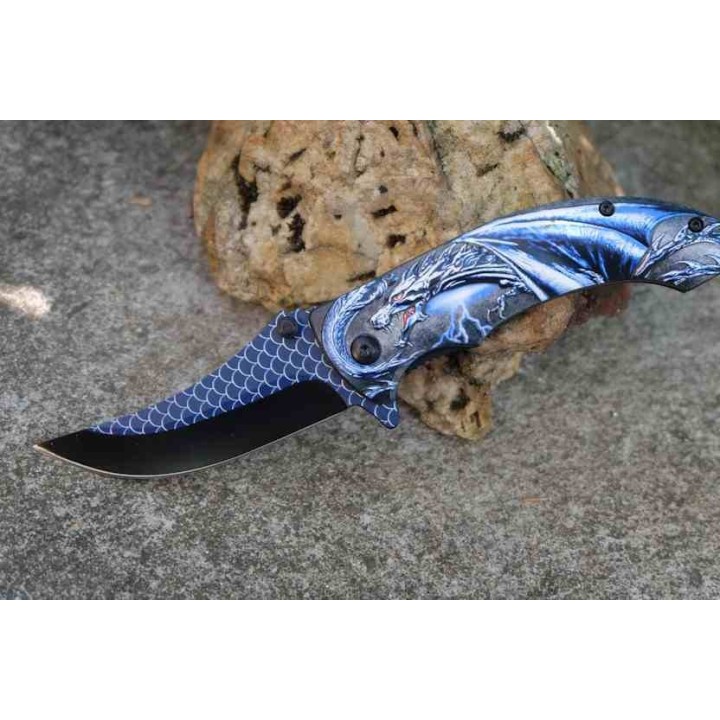 Lot de 3 Couteau Semi AUto Dragon Bleu Lame Recurve Inox Manche ABS Noir Linerlock Clip CN300551BL - Livraison Gratuite
