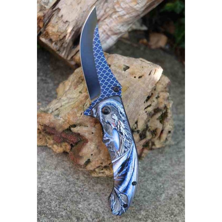 Lot de 3 Couteau Semi AUto Dragon Bleu Lame Recurve Inox Manche ABS Noir Linerlock Clip CN300551BL - Livraison Gratuite