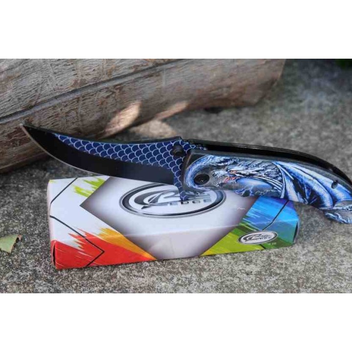 Lot de 3 Couteau Semi AUto Dragon Bleu Lame Recurve Inox Manche ABS Noir Linerlock Clip CN300551BL - Livraison Gratuite
