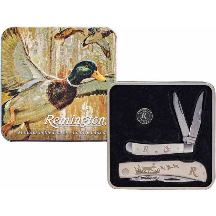 Couteaux Remington Duck Tin Collector Set Lames Clip/Spey Acier Inox Manches Os Décor Canards R15686 - Livraison Gratuite
