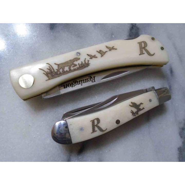 Couteaux Remington Duck Tin Collector Set Lames Clip/Spey Acier Inox Manches Os Décor Canards R15686 - Livraison Gratuite