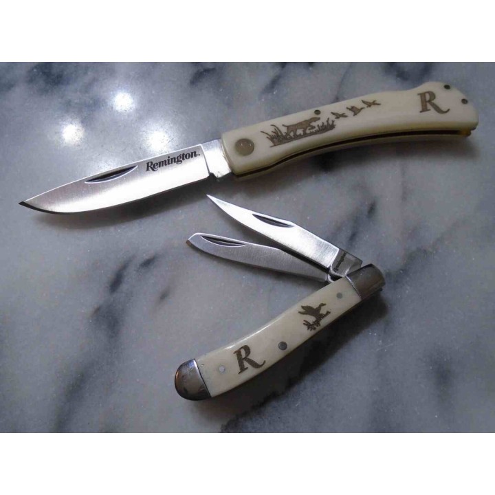 Couteaux Remington Duck Tin Collector Set Lames Clip/Spey Acier Inox Manches Os Décor Canards R15686 - Livraison Gratuite
