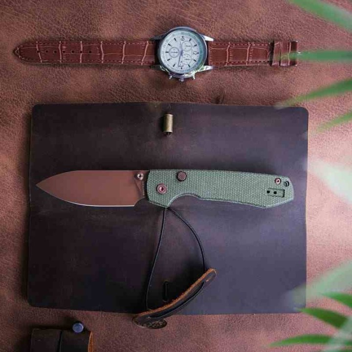 Couteau Vosteed Raccoon Top Liner Lock Green Lame Acier 14C28N Copper Dune Manche Micarta KIVT VOSA2907 - Livraison Gratuite