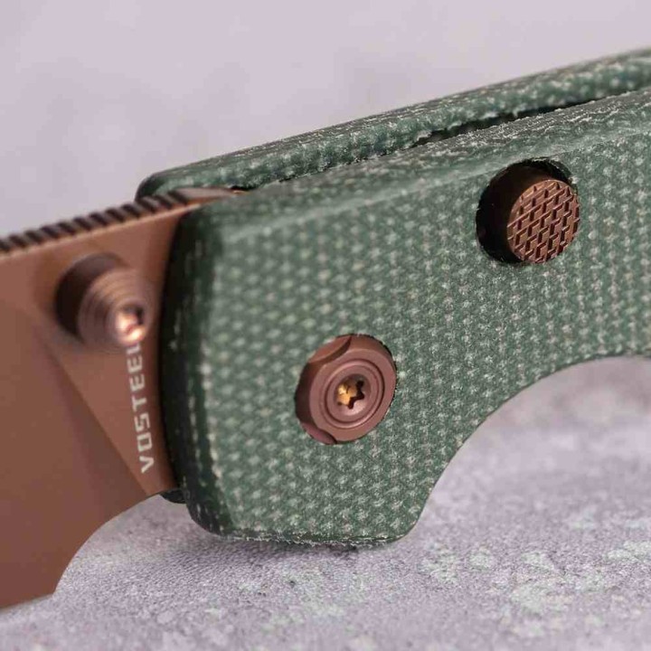Couteau Vosteed Raccoon Top Liner Lock Green Lame Acier 14C28N Copper Dune Manche Micarta KIVT VOSA2907 - Livraison Gratuite