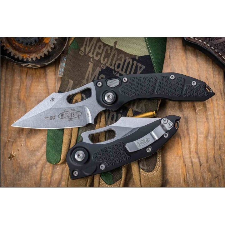 Couteau Automatique Microtech Stitch 169-10 Lame Wharncliffe M390 Manche Alu Noir Fabriqué aux USA MCT16910 - Livraison Gratuite