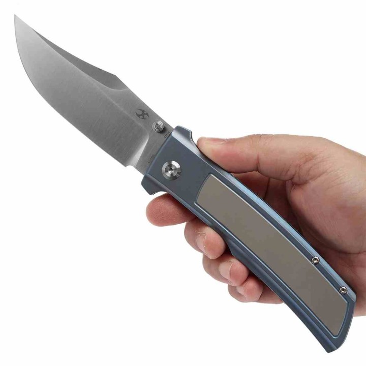Couteau Kansept Bison Lame Bowie Acier CPM S35VN Satin Manche Titane Bleu Frame Lock K1108B2 - Livraison Gratuite