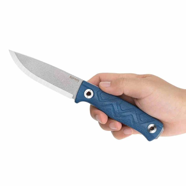 Couteau Bushcraft SRM Bushcut 702T-ME Lame Acier 14C28N Manche Micarta Bleu Étui Kydex SRM702TME - Livraison Gratuite