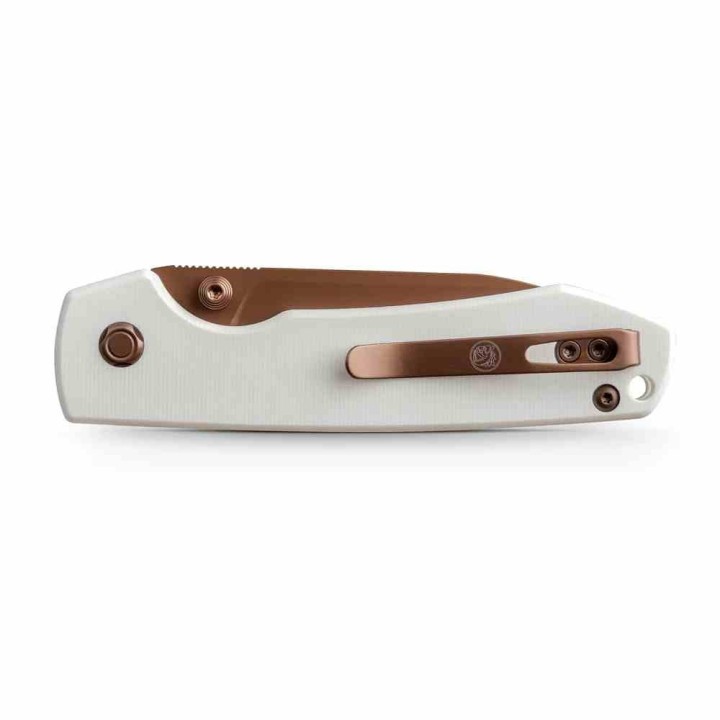 Couteau Vosteed Raccoon White Lame Drop Point Acier 14C28N Cuivre Dune Manche G10 Top Liner Lock VOSA2913 - Livraison Gratuite
