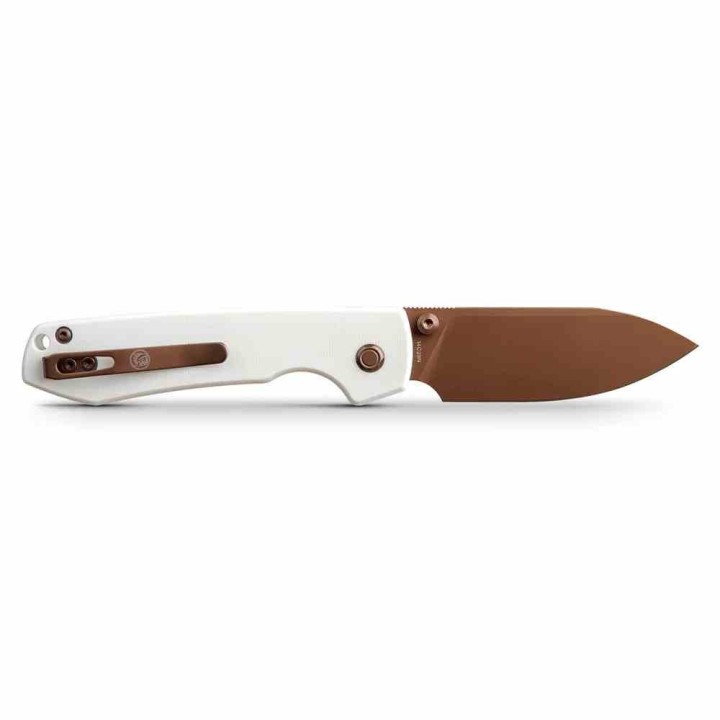Couteau Vosteed Raccoon White Lame Drop Point Acier 14C28N Cuivre Dune Manche G10 Top Liner Lock VOSA2913 - Livraison Gratuite