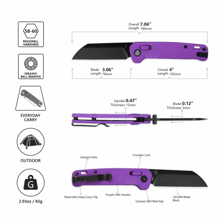 Couteau QSP Penguin Lame Sheepfoot Acier 14C28N Finition Noire Manche FRN Violet Glyde-Lock QS130GLE2 - Livraison Gratuite
