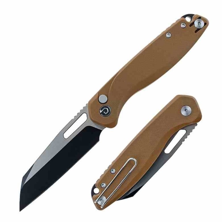 Couteau Defcon Warhawk Sheepfoot Lame Acier 14C28N Manche Tan G10 Sécurité Button Lock TD020BR - Livraison Gratuite