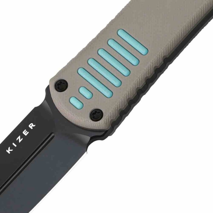 Couteau Kizer Hidden Agenda Lame Dague Acier AEB-L Noire Manche G10 Gris/Bleu Gaine Kydex KI1083A3 - Livraison Gratuite