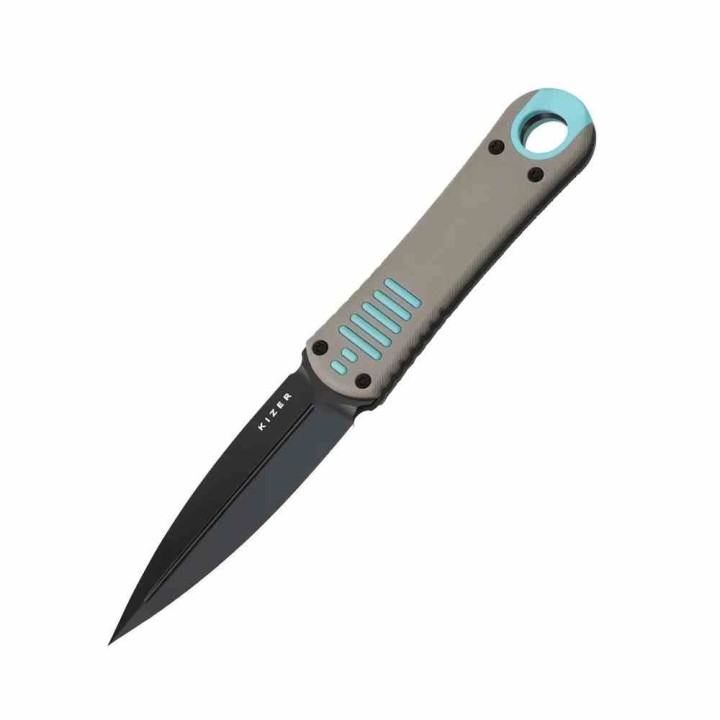 Couteau Kizer Hidden Agenda Lame Dague Acier AEB-L Noire Manche G10 Gris/Bleu Gaine Kydex KI1083A3 - Livraison Gratuite