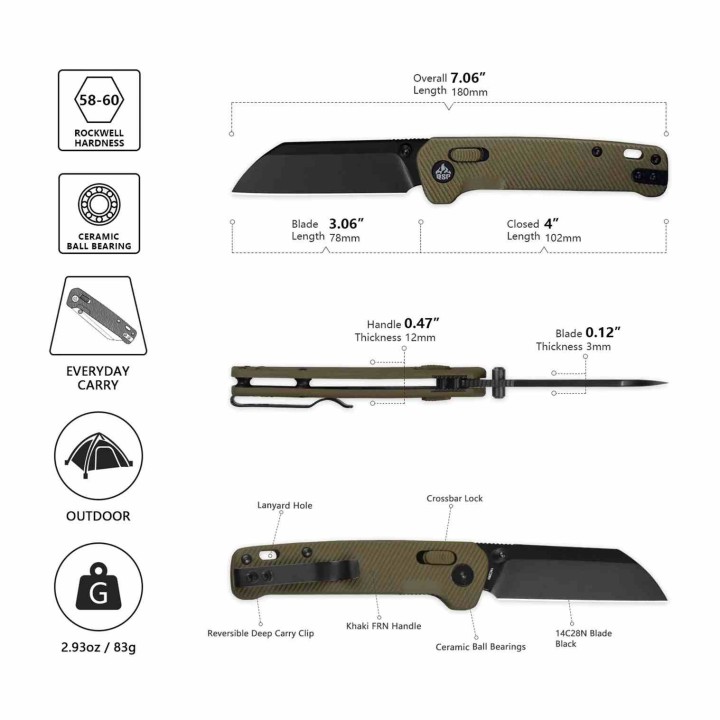 Couteau QSP Penguin Glyde Lock Lame Sheepfoot Acier 14C28N Manche FRN Khaki Crossbar QS130GLC2 - Livraison Gratuite