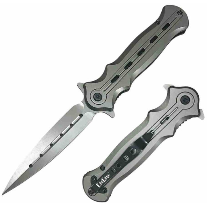 Couteau ElitEdge A/O Lame Dague Acier 8Cr13MoV Manche Acier Linerlock Clip EE10B010GY - Livraison Gratuite