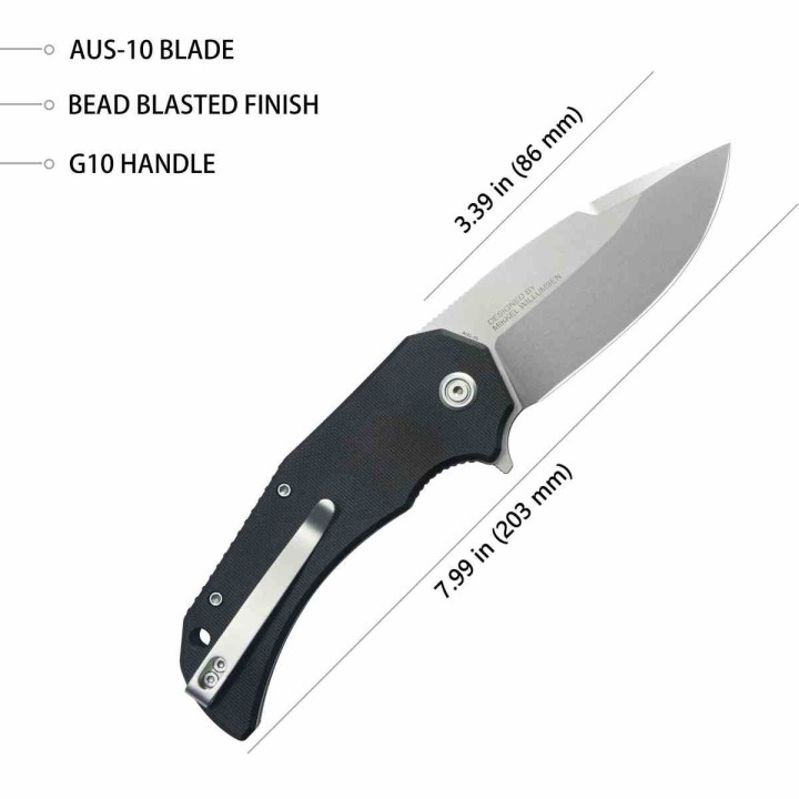 Couteau Kubey Bravo One Lame Drop Point Acier AUS-10 Manche G10 Noir Linerlock IKBS KUB319H - Livraison Gratuite