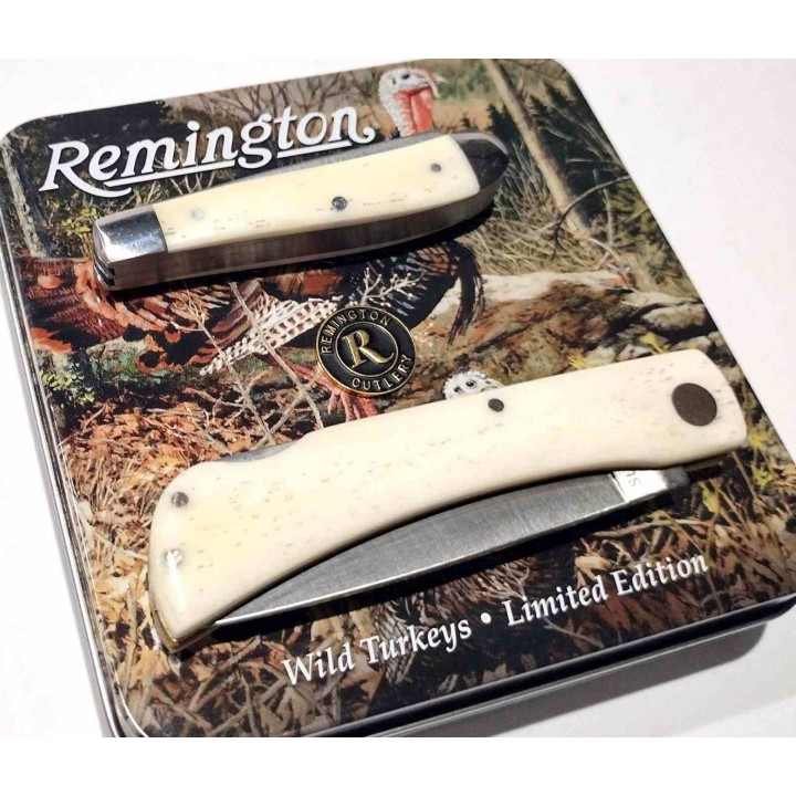 Set 2 Couteaux Remington Turkey Boite Collector Cadeau Lames Acier Inoxydable Manches Os R15687 - Livraison Gratuite