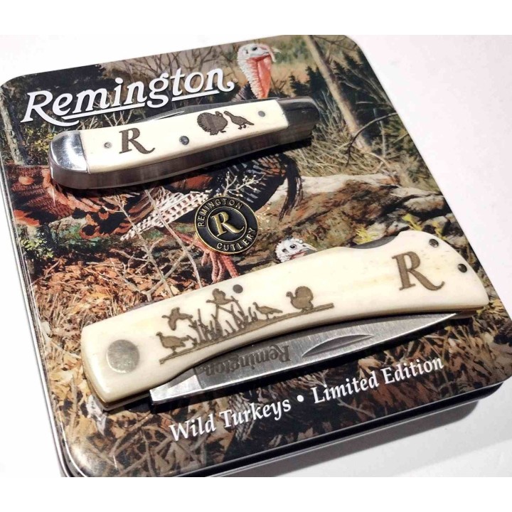Set 2 Couteaux Remington Turkey Boite Collector Cadeau Lames Acier Inoxydable Manches Os R15687 - Livraison Gratuite