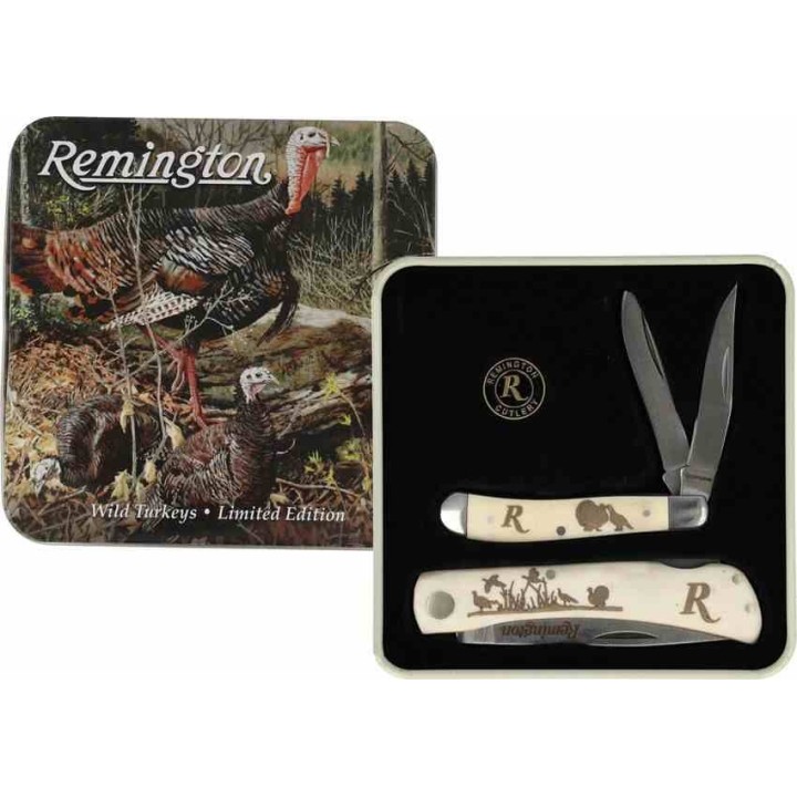 Set 2 Couteaux Remington Turkey Boite Collector Cadeau Lames Acier Inoxydable Manches Os R15687 - Livraison Gratuite