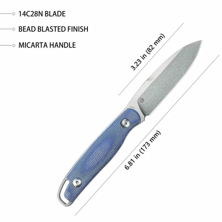 Couteau Kubey Dust Devil Lame Spear Point Acier Sandvik 14C28N Manche Micarta Bleu Étui Kydex KUB357D - Livraison Gratuite