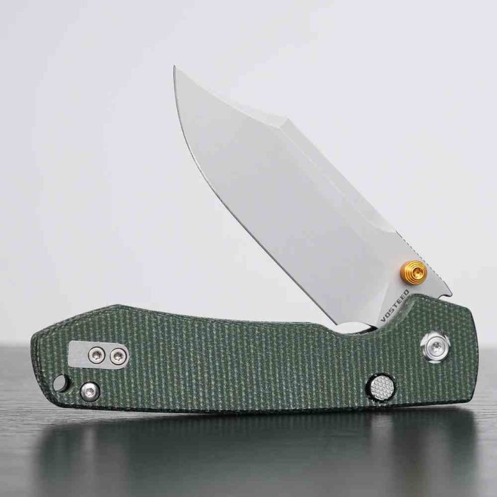 Couteau Vosteed Raccoon Lame Bowie Acier 14C28N Manche Micarta Green Top Liner Lock KIVT Clip VOSA2911 - Livraison Gratuite