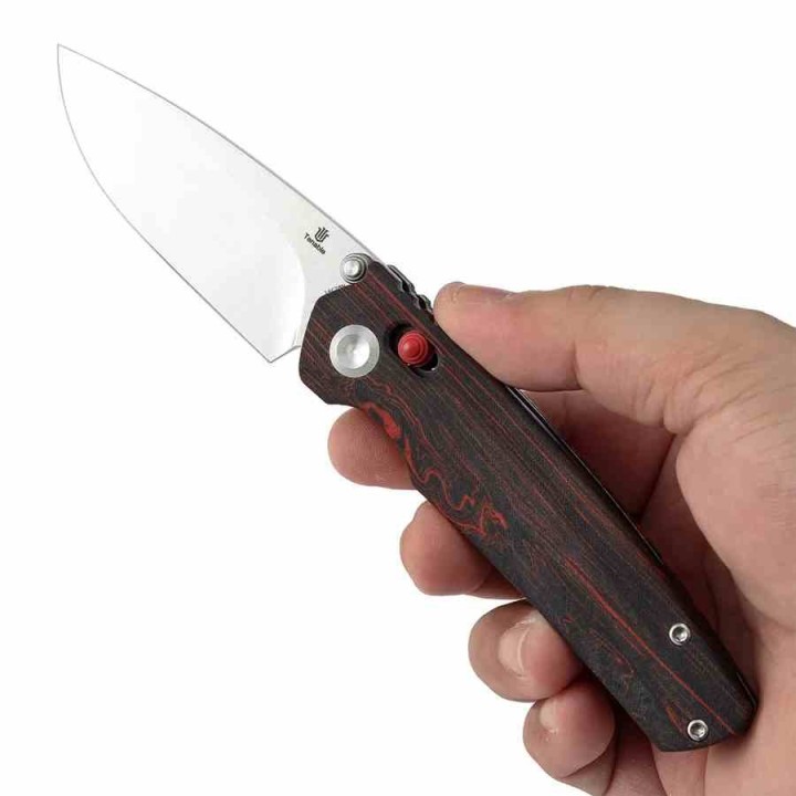 Couteau Tenable Raven Lame Drop Point Acier 14C28N Manche G-Mascus Rouge & Noir Cross-Bar Lock T2109V3 - Livraison Gratuite
