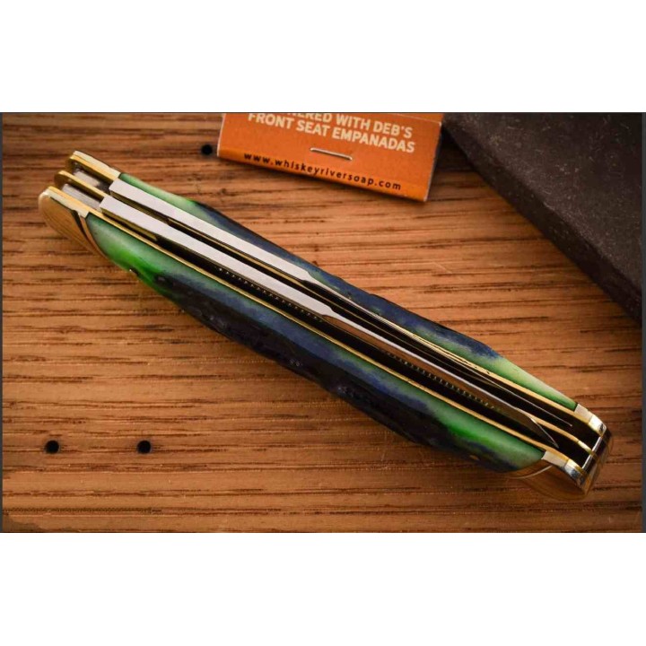 Couteau Rough Ryder Bluegill Trapper Lames Acier 440 Satin Manche Os Jigged Bleu & Vert Slipjoint RR2634 - Livraison Gratuite