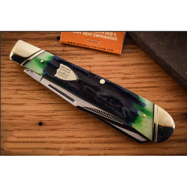 Couteau Rough Ryder Bluegill Trapper Lames Acier 440 Satin Manche Os Jigged Bleu & Vert Slipjoint RR2634 - Livraison Gratuite