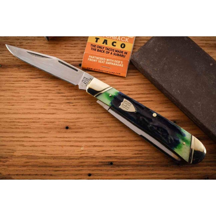 Couteau Rough Ryder Bluegill Trapper Lames Acier 440 Satin Manche Os Jigged Bleu & Vert Slipjoint RR2634 - Livraison Gratuite