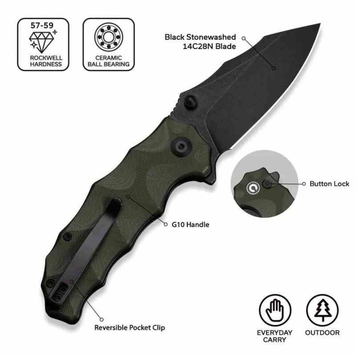 Couteau Civivi Natterjack Green Lame Acier 14C28N Black Manche G10 Button Lock IKBS CIVC240281 - Livraison Gratuite
