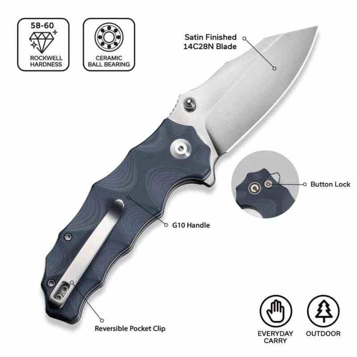 Couteau Civivi Natterjack Blue Lame Acier 14C28N Black Manche G10 Button Lock IKBS CIVC240282 - Livraison Gratuite