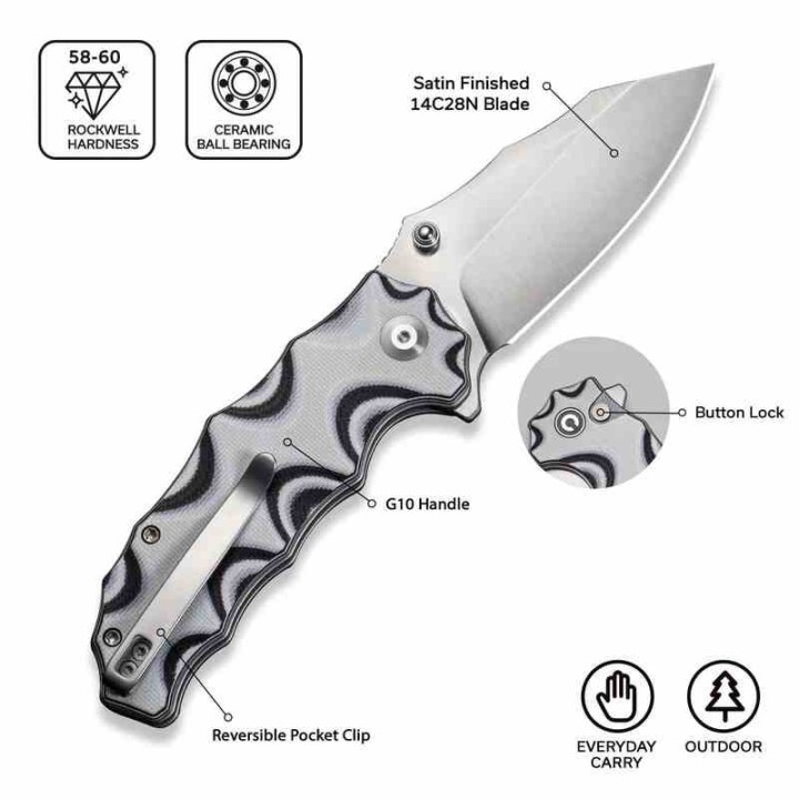 Couteau Civivi Natterjack White/Black Lame Acier 14C28N Manche G10 Button Lock IKBS CIVC240283 - Livraison Gratuite