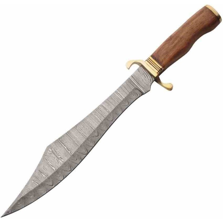 Couteau de Chasse Scimitar Hunter Lame Acier Damas 256 Couches Manche Bois/Laiton Etui Cuir DM1407 - Livraison Gratuite