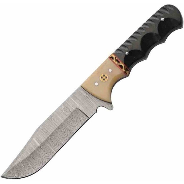 Couteau  Skinner Damas Lame 256 Couches Manche Micarta/Os Garde Laiton Fourreau Cuir DM1405BK - Livraison Gratuite 