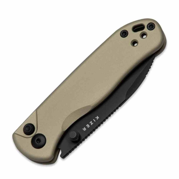 Couteau Kizer Azo Drop Bear 2 Lame Acier Nitro-V Black Manche Alu Tan Button Liner Lock KIV36192CD1 - Livraison Gratuite