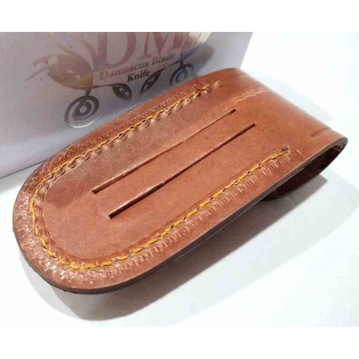 Couteau de Chasse Damas Pliant Lame Damas Manche Corne de Bélier Étui Cuir DM1385 - Livraison Gratuite