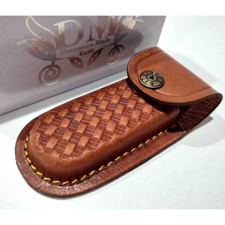 Couteau de Chasse Damas Pliant Lame Damas Manche Corne de Bélier Étui Cuir DM1385 - Livraison Gratuite