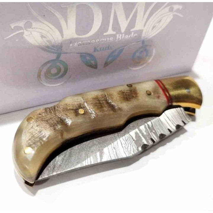 Couteau de Chasse Damas Pliant Lame Damas Manche Corne de Bélier Étui Cuir DM1385 - Livraison Gratuite