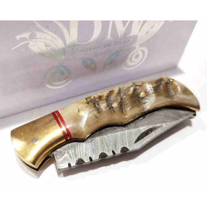 Couteau de Chasse Damas Pliant Lame Damas Manche Corne de Bélier Étui Cuir DM1385 - Livraison Gratuite
