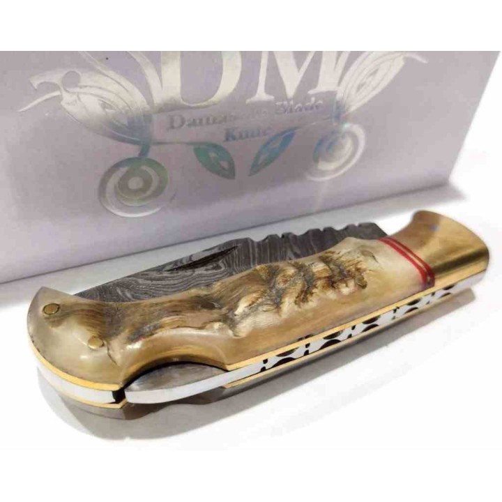 Couteau de Chasse Damas Pliant Lame Damas Manche Corne de Bélier Étui Cuir DM1385 - Livraison Gratuite