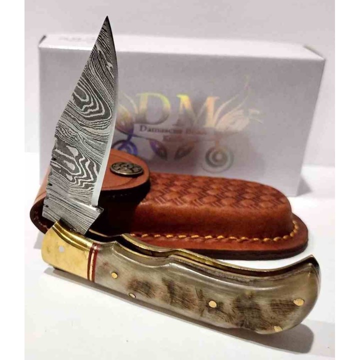 Couteau de Chasse Damas Pliant Lame Damas Manche Corne de Bélier Étui Cuir DM1385 - Livraison Gratuite