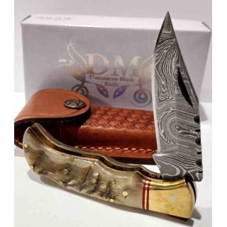 Couteau de Chasse Damas Pliant Lame Damas Manche Corne de Bélier Étui Cuir DM1385 - Livraison Gratuite